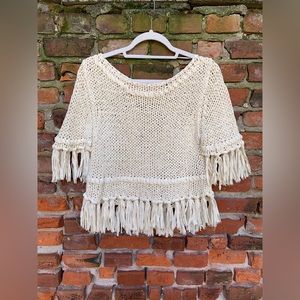 Free People Cream Knit Tassel Top
